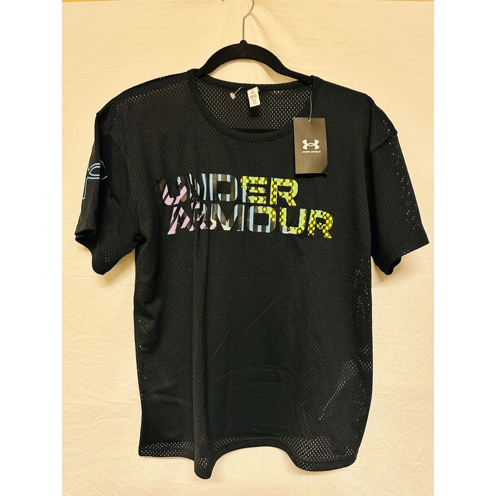 Under Armour NWT Mesh Geo Graphic Black Workout Short Sleeve Active Top Medium‎